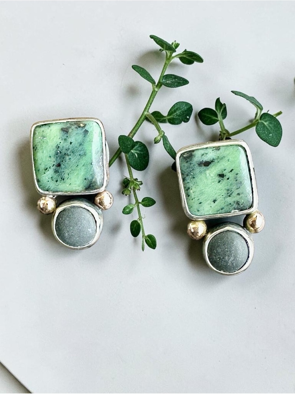 Natural nephrite Jade Earrings in Sterling Silver 925 & 14K Gold Accents